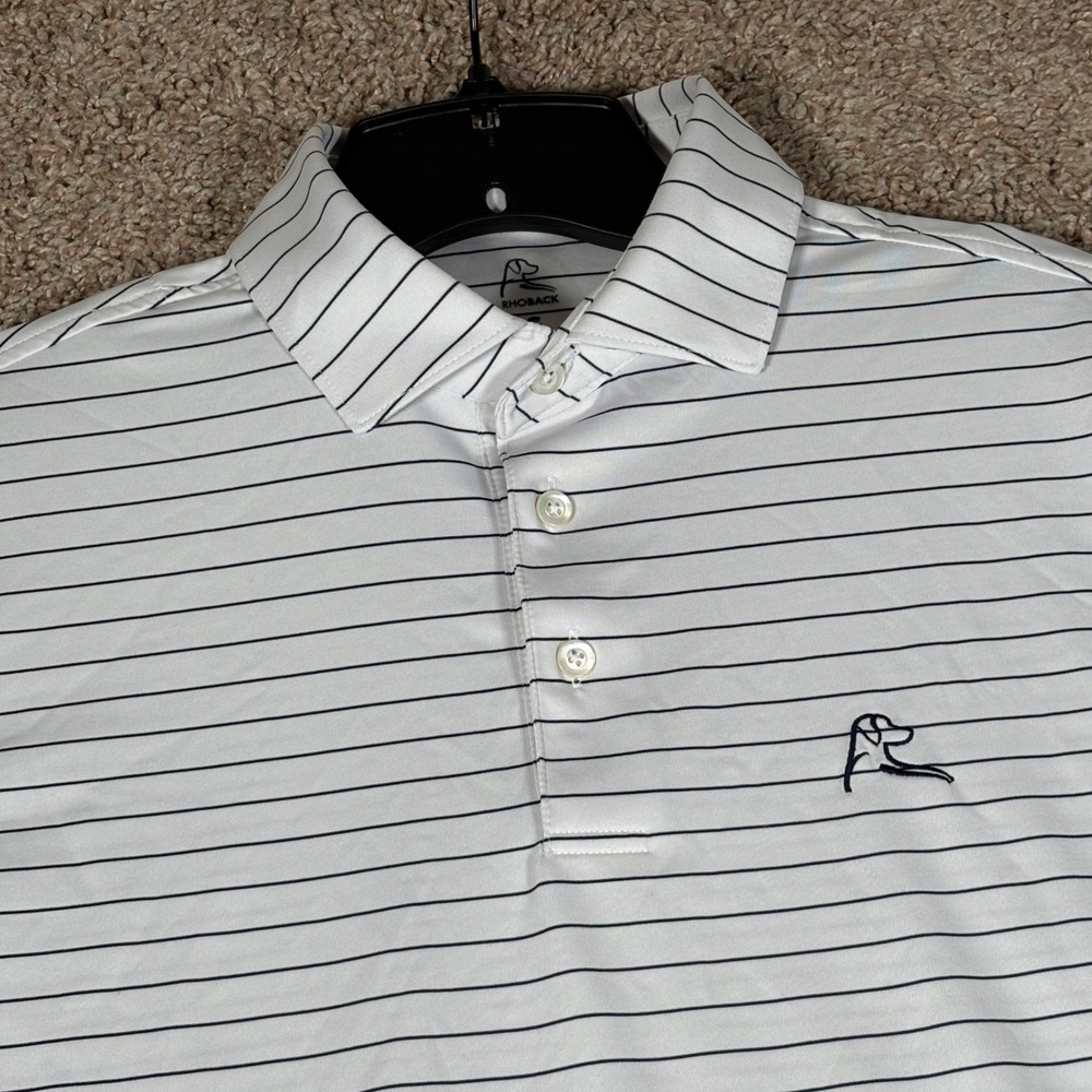 Rhoback Mens Performance Polo Shirt White Navy Blue Striped Short Sleeve Small